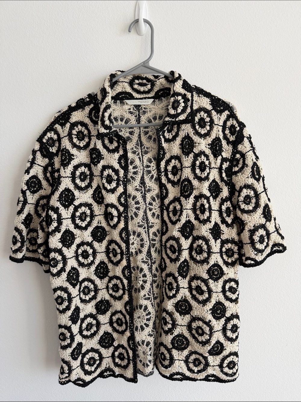 Zara Black & Cream Crochet Short Sleeve Button-Down Shirt